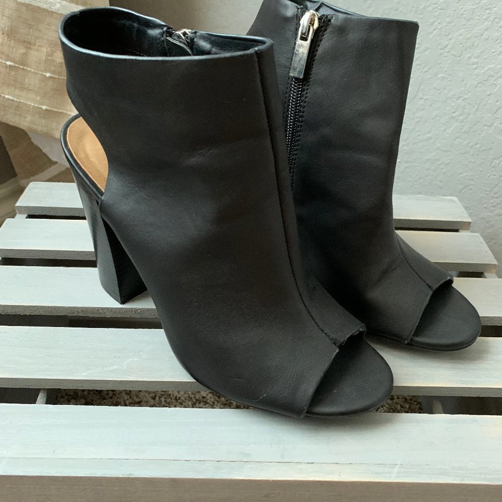 Black Faux Leather Block Heeled Booties